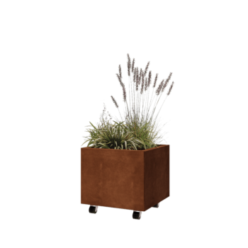 Corten acél virágláda - Négyzet - 50 x 50 x 40 cm - Fenéklemezzel - Kerekekkel