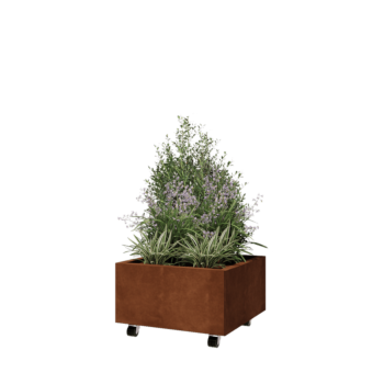 Corten acél virágláda - Négyzet - 60 x 60 x 30 cm - Fenéklemezzel - Kerekekkel