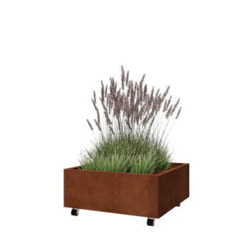 Corten acél virágláda - Négyzet - 80 x 80 x 30 cm - Fenéklemezzel - Kerekekkel