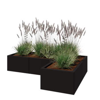 Acél virágláda - L-alak - 150 x 100 x 30 cm - RAL9005 matt (fekete) - Fenéklemezzel