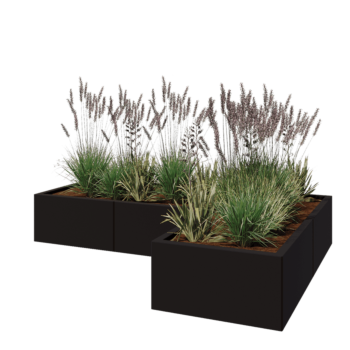 Acél virágláda - L-alak - 180 x 120 x 30 cm - RAL9005 matt (fekete) - Fenéklemezzel