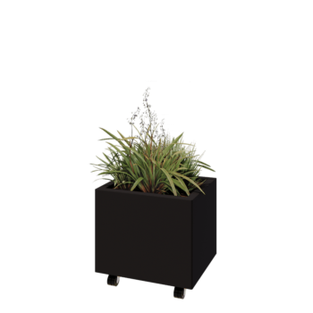 Acél virágláda - Téglalap - 50 x 40 x 40 cm - RAL9005 matt (fekete) - Fenéklemezzel - Kerekekkel