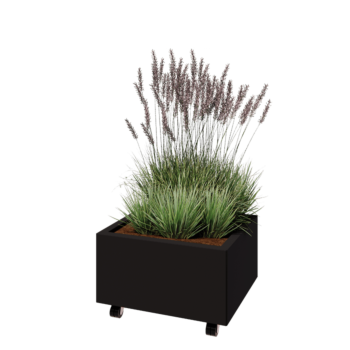 Acél virágláda - Téglalap - 60 x 50 x 30 cm - RAL9005 matt (fekete) - Fenéklemezzel - Kerekekkel