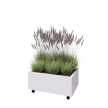 Acél virágláda - Téglalap - 80 x 50 x 30 cm - RAL9010 matt (fehér) - Fenéklemezzel - Kerekekkel