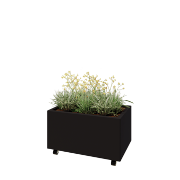 Acél virágláda - Téglalap - 80 x 50 x 40 cm - RAL9005 matt (fekete) - Fenéklemezzel - Kerekekkel