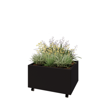 Acél virágláda - Téglalap - 80 x 60 x 40 cm - RAL9005 matt (fekete) - Fenéklemezzel - Kerekekkel