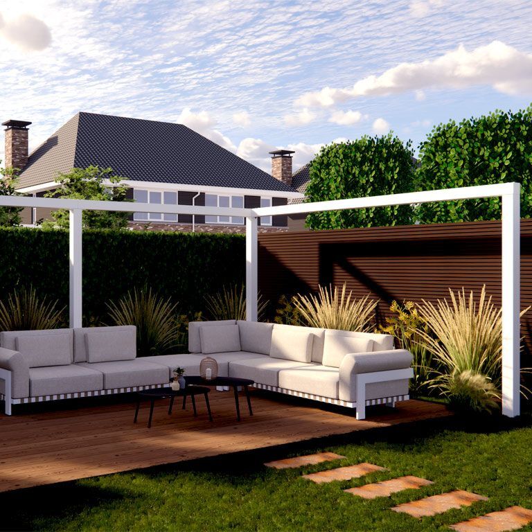 Porszórt acél pergola sarokegység 600 x 412 cm