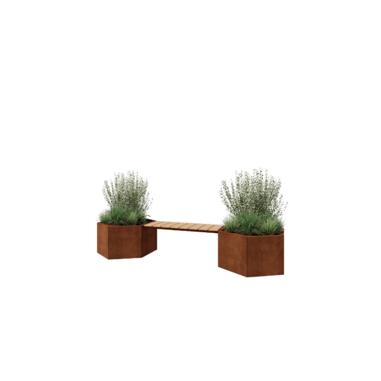 Corten acél virágláda - Hatszög - 294,4 x 99,3 x 50 cm - Paddal - Fenéklemez nélkül