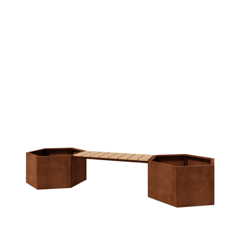 Corten acél virágláda - Hatszög - 294,4 x 99,3 x 50 cm - Paddal - Fenéklemez nélkül