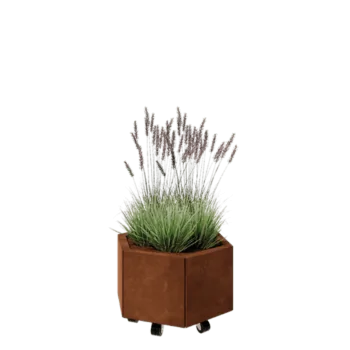 Corten acél virágláda - Hatszög - 59,3 x 52 x 30 cm - Fenéklemezzel - Kerekekkel