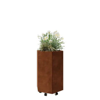Corten acél virágláda - Hatszög - 59,3 x 52 x 80 cm - Fenéklemezzel - Kerekekkel