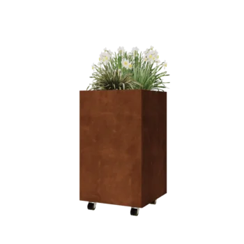 Corten acél virágláda - Négyzet - 50 x 50 x 80 cm - Fenéklemezzel - Kerekekkel