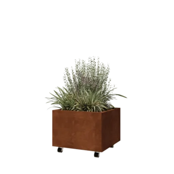 Corten acél virágláda - Négyzet - 60 x 60 x 40 cm - Fenéklemezzel - Kerekekkel