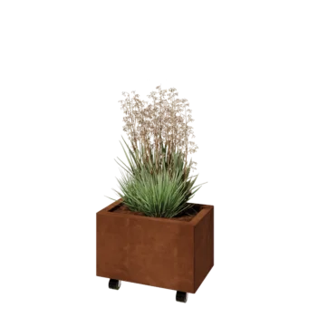 Corten acél virágláda - Téglalap - 50 x 30 x 30 cm - Fenéklemezzel - Kerekekkel
