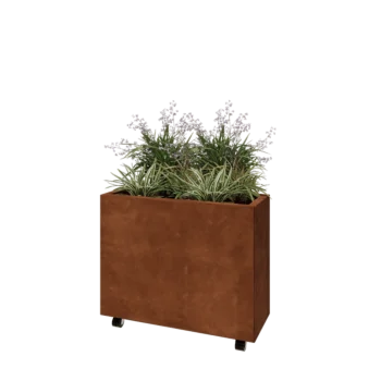 Corten acél virágláda - Téglalap - 80 x 30 x 60 cm - Fenéklemezzel - Kerekekkel