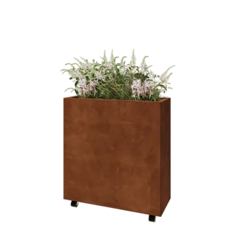 Corten acél virágláda - Téglalap - 80 x 30 x 80 cm - Fenéklemezzel - Kerekekkel