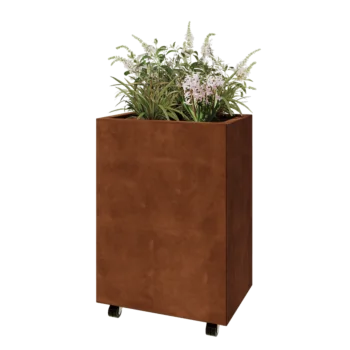 Corten acél virágláda - Téglalap - 60 x 40 x 80 cm - Fenéklemezzel - Kerekekkel