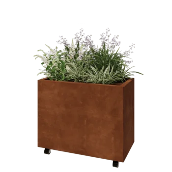 Corten acél virágláda - Téglalap - 80 x 40 x 60 cm - Fenéklemezzel - Kerekekkel