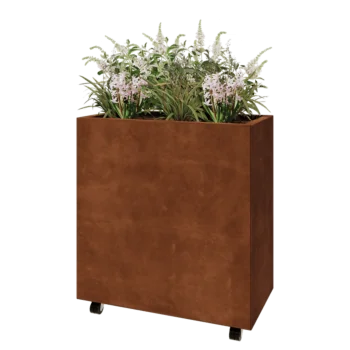 Corten acél virágláda - Téglalap - 80 x 40 x 80 cm - Fenéklemezzel - Kerekekkel