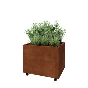 Corten acél virágláda - Téglalap - 80 x 60 x 60 cm - Fenéklemezzel - Kerekekkel