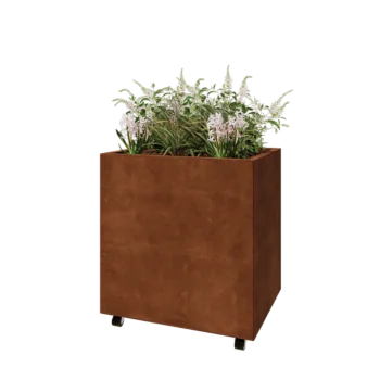 Corten acél virágláda - Téglalap - 80 x 60 x 80 cm - Fenéklemezzel - Kerekekkel