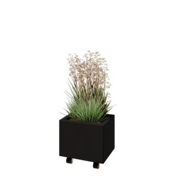 Acél virágláda - Téglalap - 40 x 30 x 30 cm - RAL9005 matt (fekete) - Fenéklemezzel - Kerekekkel