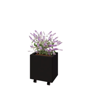 Acél virágláda - Téglalap - 40 x 30 x 40 cm - RAL9005 matt (fekete) - Fenéklemezzel - Kerekekkel
