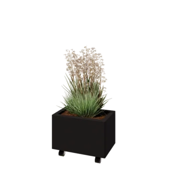 Acél virágláda - Téglalap - 50 x 30 x 30 cm - RAL9005 matt (fekete) - Fenéklemezzel - Kerekekkel