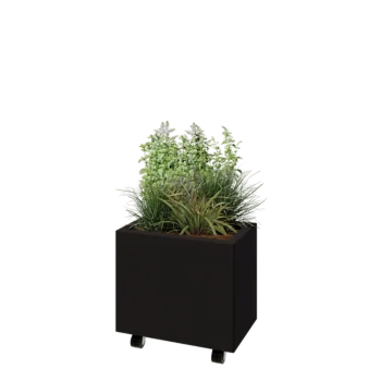 Acél virágláda - Téglalap - 50 x 30 x 40 cm - RAL9005 matt (fekete) - Fenéklemezzel - Kerekekkel