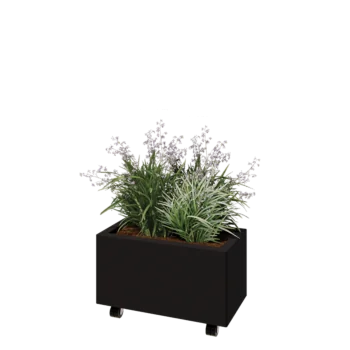 Acél virágláda - Téglalap - 60 x 30 x 30 cm - RAL9005 matt (fekete) - Fenéklemezzel - Kerekekkel