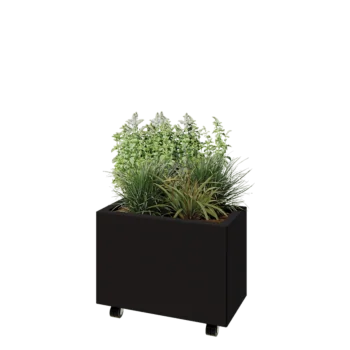 Acél virágláda - Téglalap - 60 x 30 x 40 cm - RAL9005 matt (fekete) - Fenéklemezzel - Kerekekkel