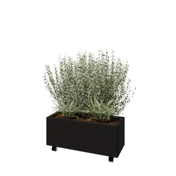 Acél virágláda - Téglalap - 80 x 30 x 30 cm - RAL9005 matt (fekete) - Fenéklemezzel - Kerekekkel