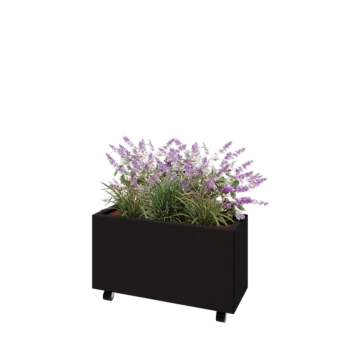 Acél virágláda - Téglalap - 80 x 30 x 40 cm - RAL9005 matt (fekete) - Fenéklemezzel - Kerekekkel