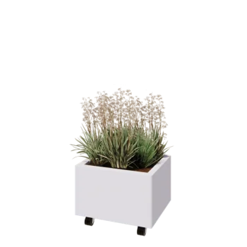 Acél virágláda - Téglalap - 50 x 40 x 30 cm - RAL9010 matt (fehér) - Fenéklemezzel - Kerekekkel