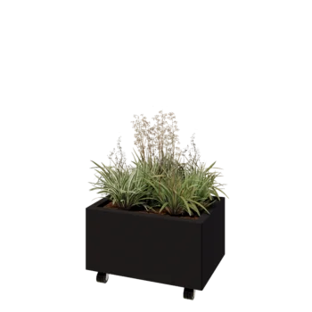 Acél virágláda - Téglalap - 60 x 40 x 30 cm - RAL9005 matt (fekete) - Fenéklemezzel - Kerekekkel