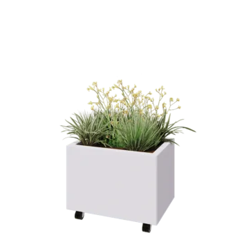 Acél virágláda - Téglalap - 60 x 40 x 40 cm - RAL9010 matt (fehér) - Fenéklemezzel - Kerekekkel