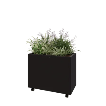 Acél virágláda - Téglalap - 80 x 40 x 60 cm - RAL9005 matt (fekete) - Fenéklemezzel - Kerekekkel