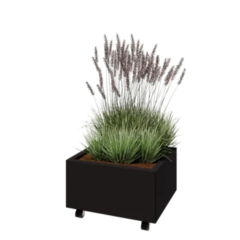 Acél virágláda - Téglalap - 60 x 50 x 30 cm - RAL9005 matt (fekete) - Fenéklemezzel - Kerekekkel