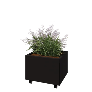 Acél virágláda - Téglalap - 60 x 50 x 40 cm - RAL9005 matt (fekete) - Fenéklemezzel - Kerekekkel