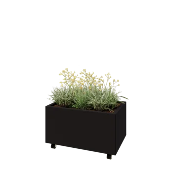 Acél virágláda - Téglalap - 80 x 50 x 40 cm - RAL9005 matt (fekete) - Fenéklemezzel - Kerekekkel