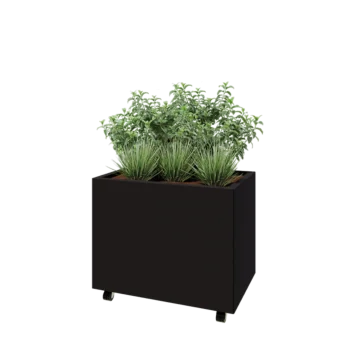 Acél virágláda - Téglalap - 80 x 50 x 60 cm - RAL9005 matt (fekete) - Fenéklemezzel - Kerekekkel