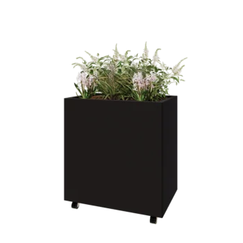 Acél virágláda - Téglalap - 80 x 50 x 80 cm - RAL9005 matt (fekete) - Fenéklemezzel - Kerekekkel